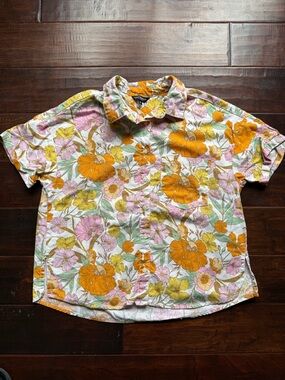 Lucky Brand Linen Blend Floral Short Sleeve Button Camp Shirt Size M